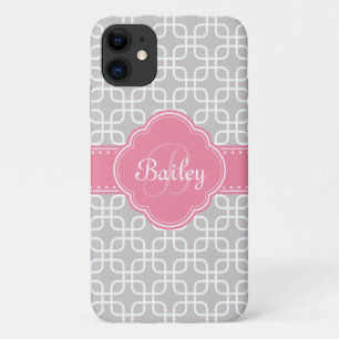 Mod Grey Pattern Pink Quatrefoil Monogram iPhone 11 Case