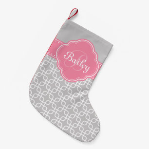 Mod Grey Pattern Pink Quatrefoil Monogram Small Christmas Stocking