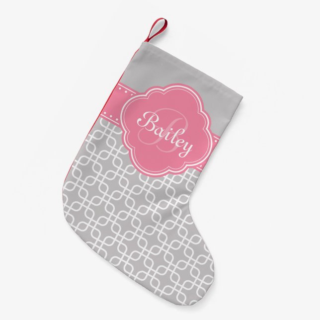 Mod Grey Pattern Pink Quatrefoil Monogram Small Christmas Stocking (Front (Hanging))