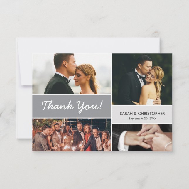 Mod Grey Photo collage Custom wedding pictures Thank You Card (Front)