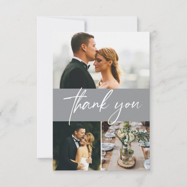 Mod Grey Simple wedding 3 photos collage Thank You Card (Front)