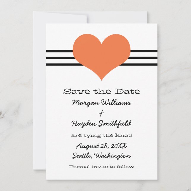 Mod Heart Save the Date Invite, Orange (Front)