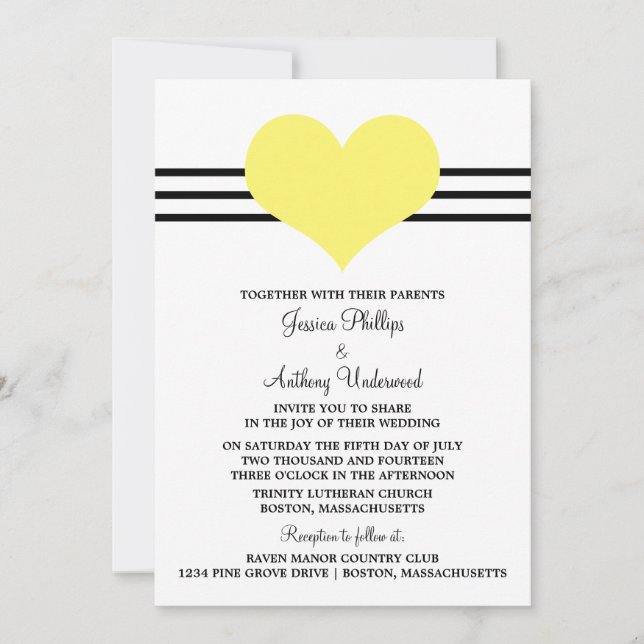 Mod Heart Wedding Invite, Yellow Invitation (Front)