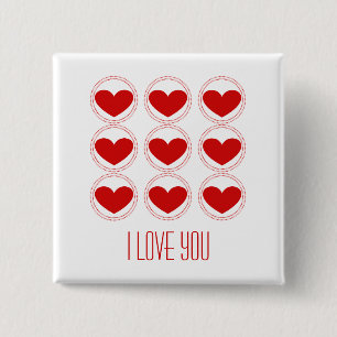 Mod Hearts Love Button, Red 15 Cm Square Badge