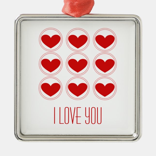 Mod Hearts Love Ornament, Red Metal Tree Decoration (Front)
