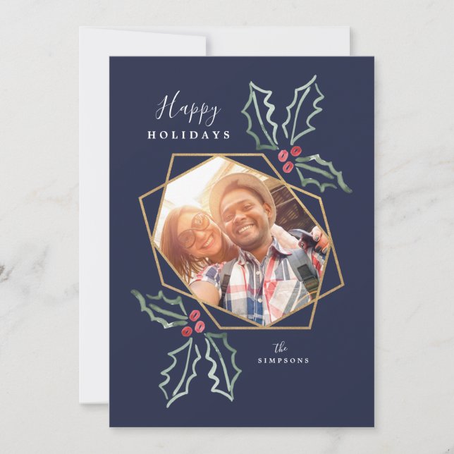 Mod Holly Gold Geo Photo Frame Navy | Holiday Card (Front)