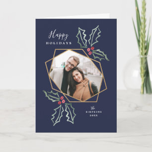 Mod Holly Gold Geo Photo Frame Navy   Holiday Card