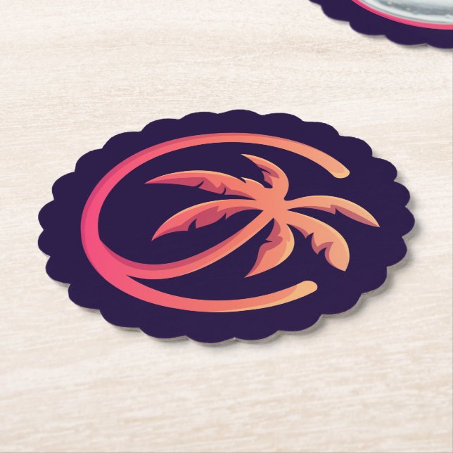 Mod Hot Pink Orange Palm Tree on Scallop Paper Coaster (Angled)