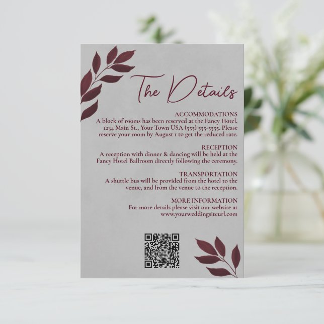Mod Leaves Burgundy Grey Wedding Details QR Code Enclosure Card (Standing Front)