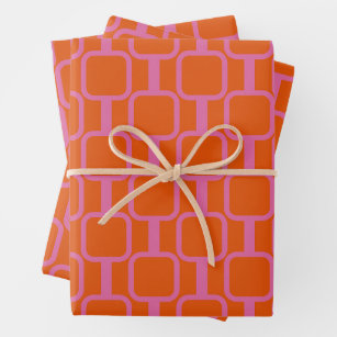 Mod Links Geometric Pattern in Bright Pink Orange Wrapping Paper Sheet