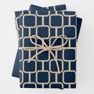 Mod Links Geometric Pattern Mid Century Dark Blue Wrapping Paper Sheet