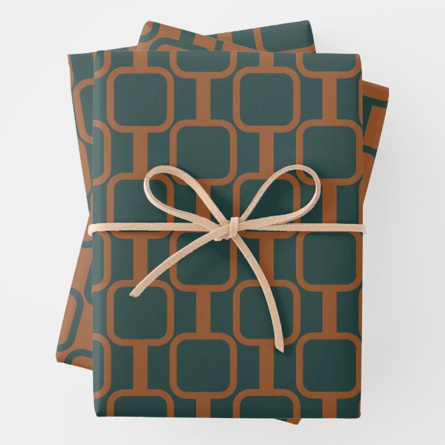 Mod Links Geometric Patterns in Rust and Blue Wrapping Paper Sheet (In situ)