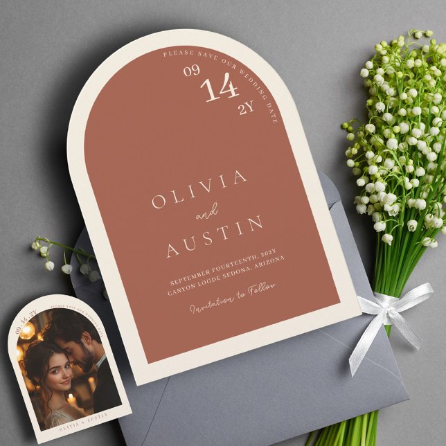 Mod Minimalist Terracotta Arch Photo Save the Date Invitation (Creator Uploaded)