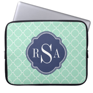 Mod Mint Green Trellis Blue Monogram Laptop Sleeve