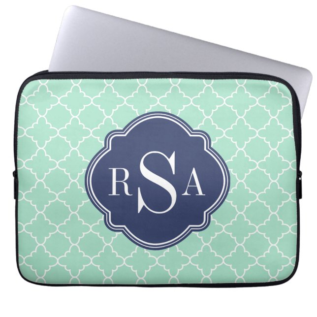Mod Mint Green Trellis Blue Monogram Laptop Sleeve (Front)