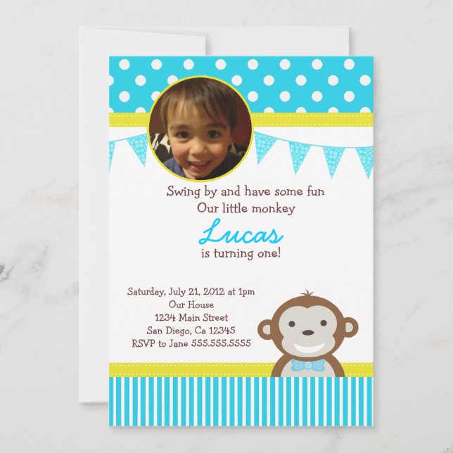 Mod Monkey Birthday Party Invitations for Boy (Front)