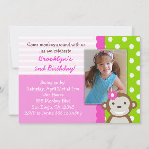 Mod Monkey Girl Birthday Invitation Pink