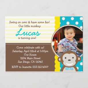 Mod Monkey Photo 1st Birthday Invitation