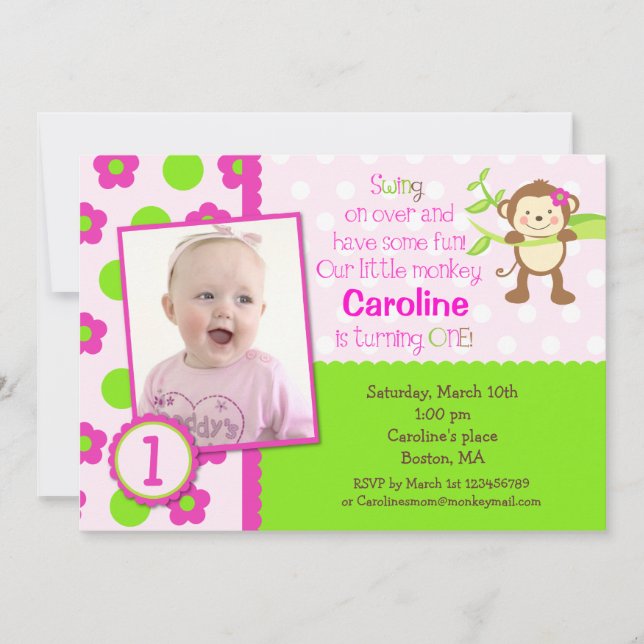 Mod Monkey Photo Birthday Invitations (Front)