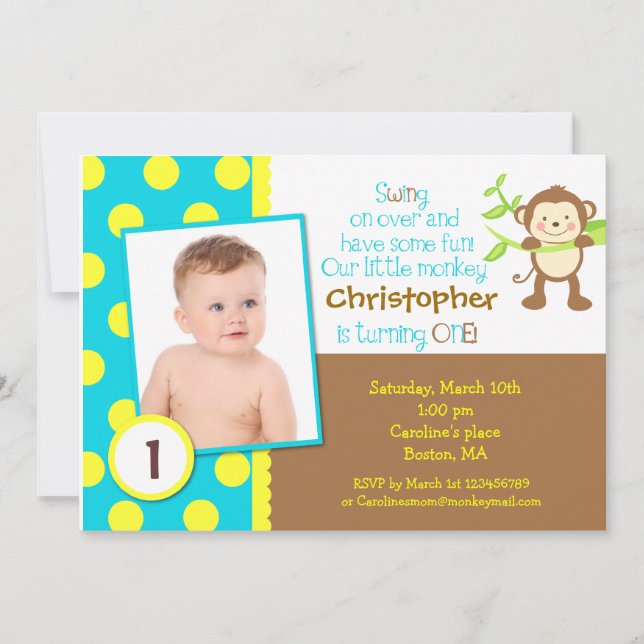 Mod Monkey Photo Birthday Party Invitation (Front)