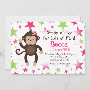 Mod Monkey Pink and Green Star Birthday Party Invitation