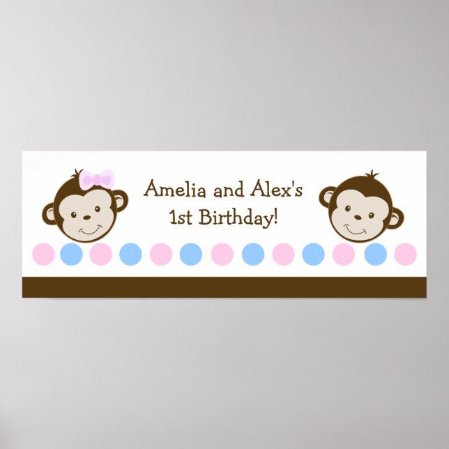 Mod Monkey TWINS Customisable Birthday Banner Poster (Front)