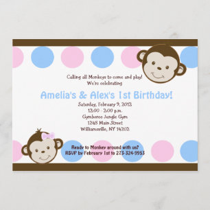 Mod Monkey Twins Pink/Blue 5x7 Birthday Invitation