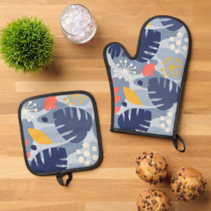 Mod Monstera Leaf Abstract Hawaiian Tropical -Blue Oven Mitt & Pot Holder Set