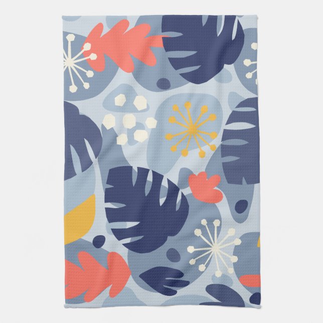 Mod Monstera Leaf Abstract Hawaiian Tropical -Blue Tea Towel (Vertical)