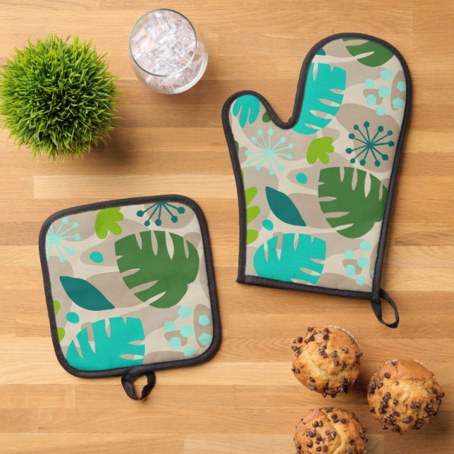 Mod Monstera Leaf Abstract Hawaiian Tropical -Cool Oven Mitt & Pot Holder Set (Top Down)