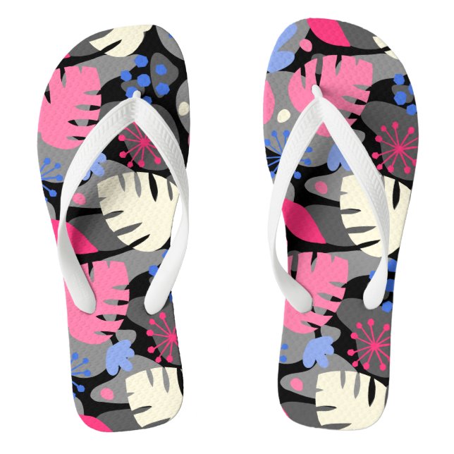 Mod Monstera Leaf Abstract Hawaiian Tropical -Grey Flip Flops (Footbed)