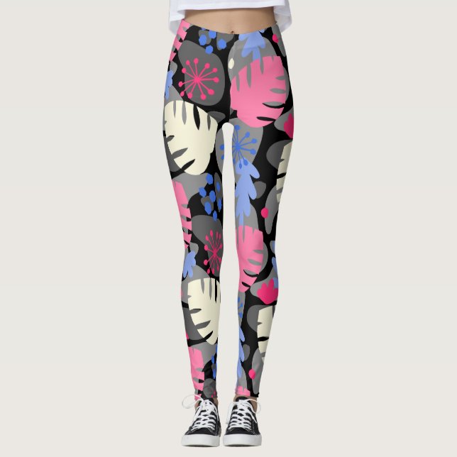 Mod Monstera Leaf Abstract Hawaiian Tropical -Grey Leggings (Front)