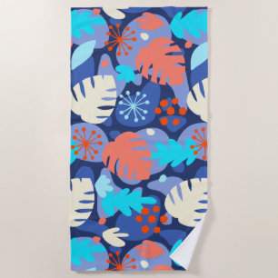 Mod Monstera Leaf Abstract Hawaiian Tropical -Navy Beach Towel
