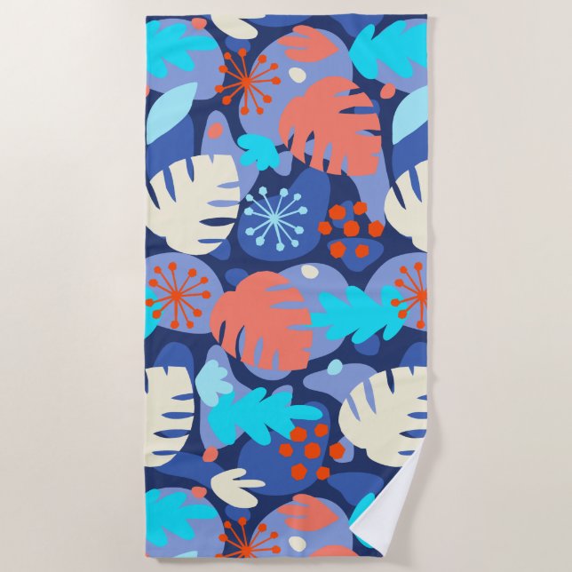 Mod Monstera Leaf Abstract Hawaiian Tropical -Navy Beach Towel (Front)