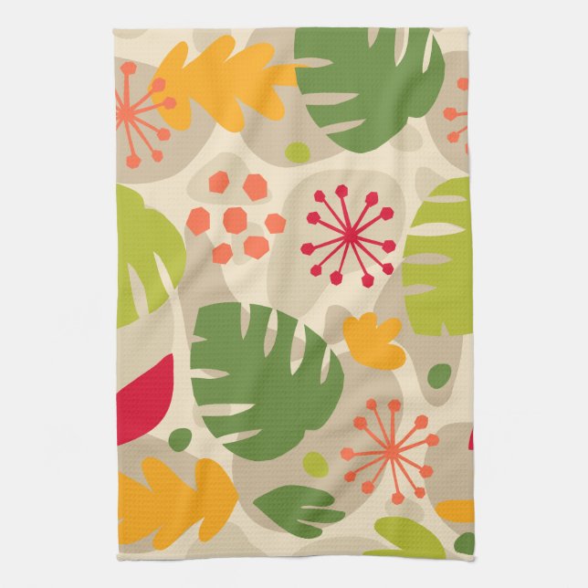 Mod Monstera Leaf Abstract Hawaiian Tropical -Warm Tea Towel (Vertical)
