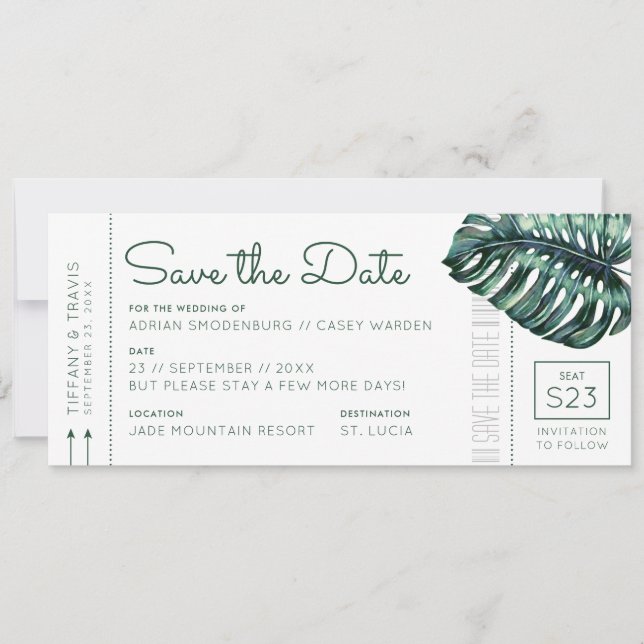 Mod Monstera Leaf Boarding Pass Save the Date Announcement (Front)