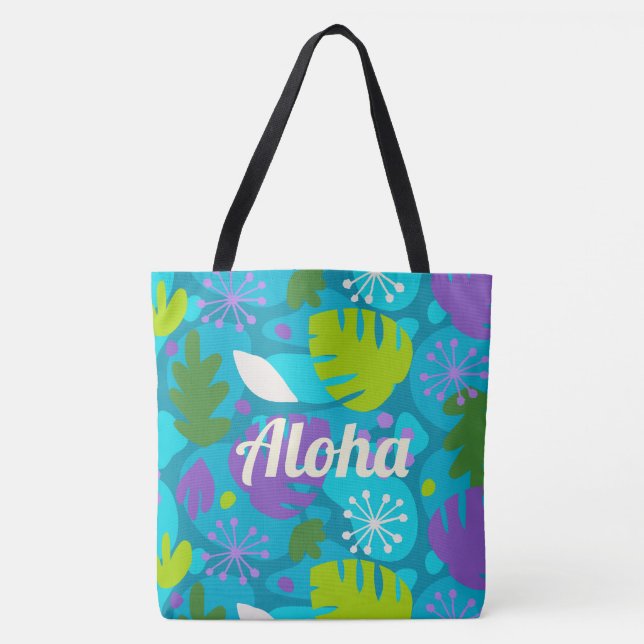 Mod Monstera Leaf Hawaiian Tropical Teal Beach Bag (Front)