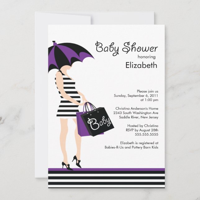 Mod Mum Baby Girl Shower Trendy Black & Purple Invitation (Front)