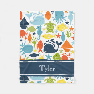 Mod Ocean Creatures, Sea Animals, Nautical Custom Fleece Blanket