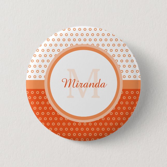 Mod Orange and White Polka Dots Monogram With Name 6 Cm Round Badge (Front)