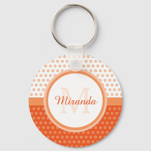 Mod Orange and White Polka Dots Monogram With Name Key Ring
