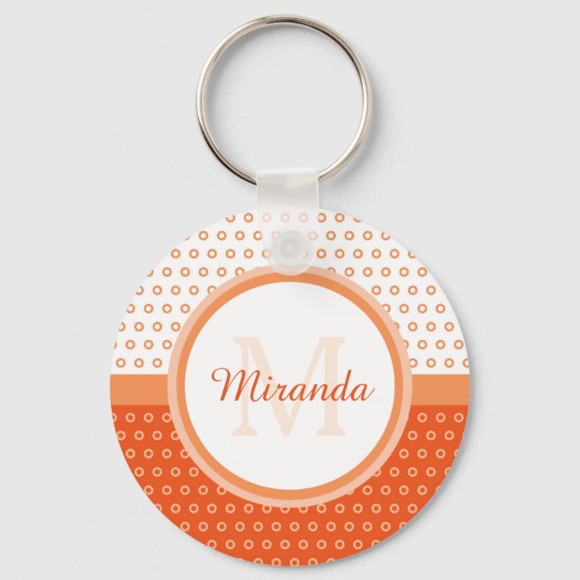 Mod Orange and White Polka Dots Monogram With Name Key Ring (Front)
