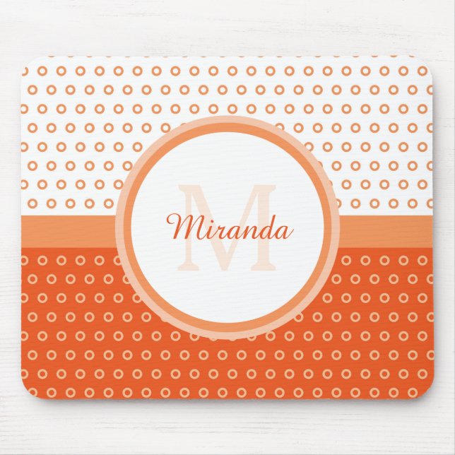 Mod Orange and White Polka Dots Monogram With Name Mouse Mat (Front)