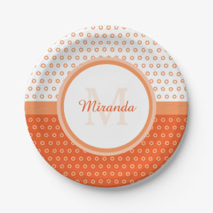 Mod Orange and White Polka Dots Monogram With Name Paper Plate