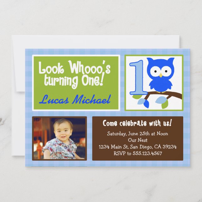 mod owl 1st birthday photo invitation for boys (Front)
