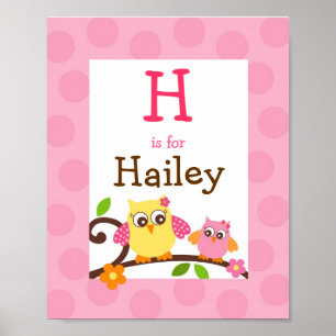 Mod Owl Flower Girls Nursery Wall Art Name Print