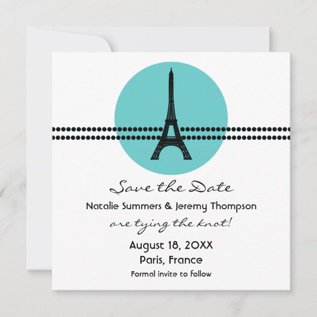 Mod Parisian Dots Save the Date Invite, Aqua (Front)