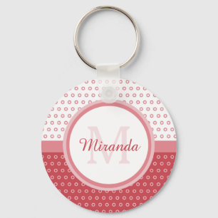 Mod Pink and White Polka Dots Monogram With Name Key Ring