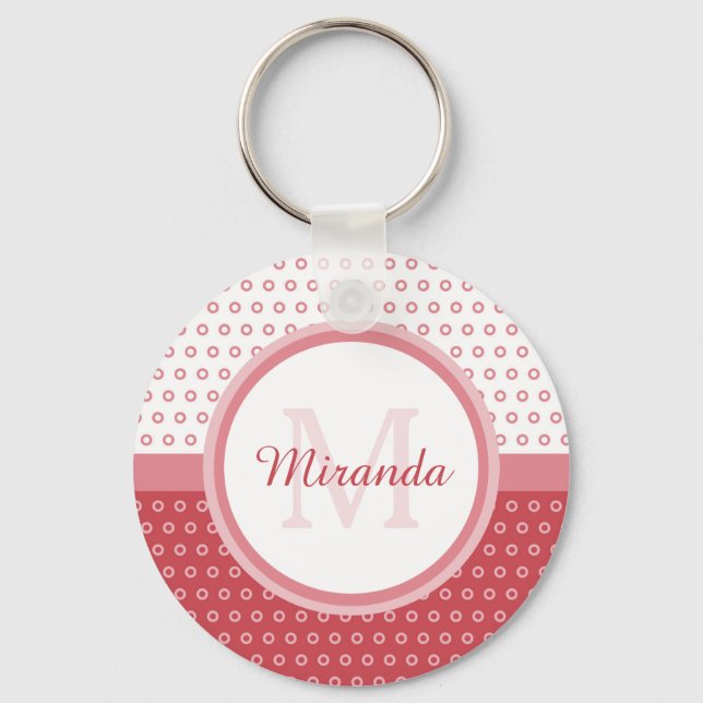 Mod Pink and White Polka Dots Monogram With Name Key Ring (Front)