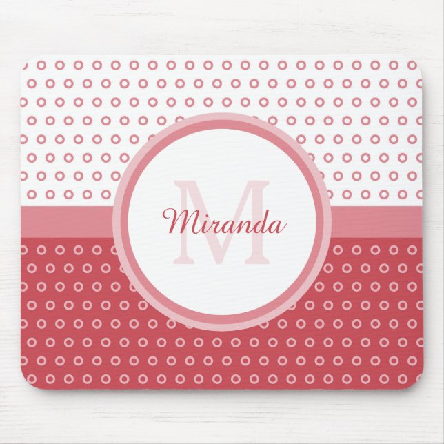 Mod Pink and White Polka Dots Monogram With Name Mouse Mat (Front)